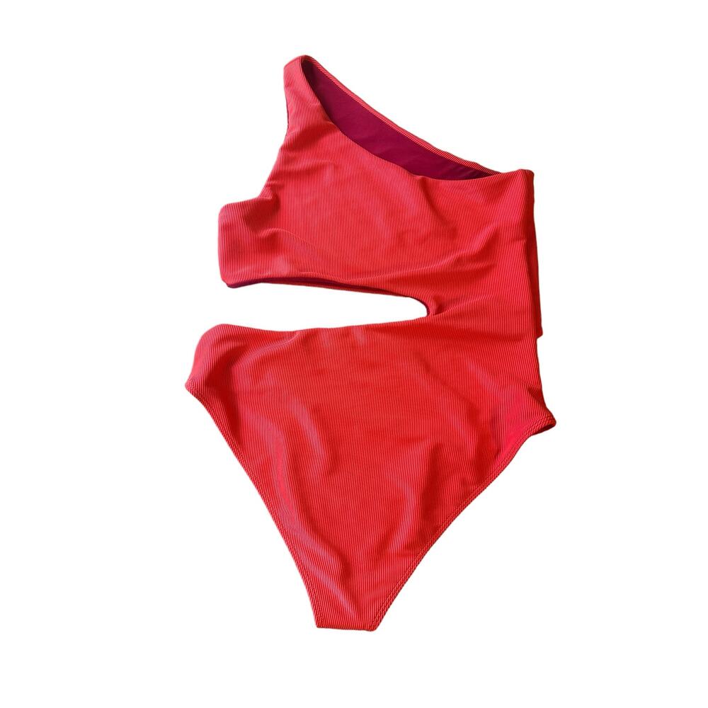 Beach Riot Celine One Shoulder Cutout One Piece Red Ribbed Swimsuit Size XL - Picture 4 of 7